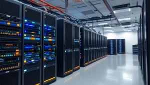 Showcasing a sophisticated network infrastructure within a modern data center, featuring interconnected hardware and bright LED indicators.