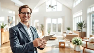 Real Estate expert presenting a modern home interior with bright natural lighting.