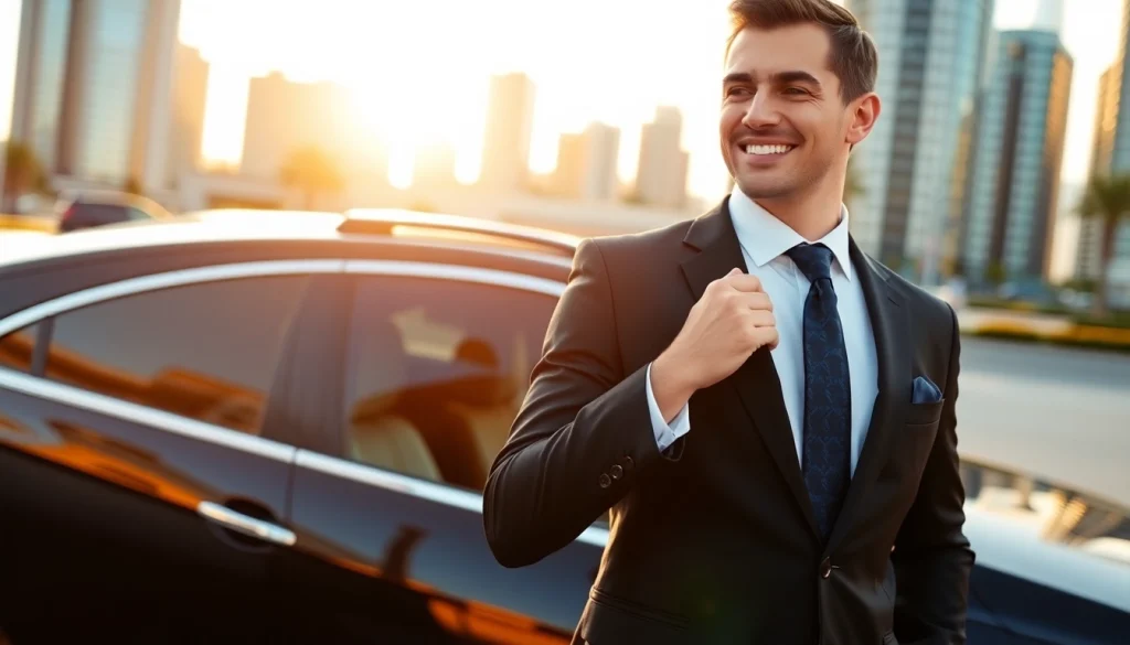 Engaging chauffeur services near me showcased with a professional driver and luxury sedan in an urban setting.
