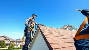 Showcasing reliable roofing services with a contractor inspecting a roof in a residential setting.