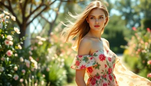 Rivelle fashion model showcasing elegance in a beautiful floral dress.