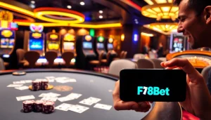 Experience the excitement of F8Bet with a luxurious casino scene showcasing poker, slots, and roulette.