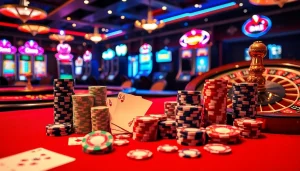 Experience exhilarating gambling excitement with the luxurious GO8 casino ambiance filled with spinning roulette wheels and stacked poker chips.