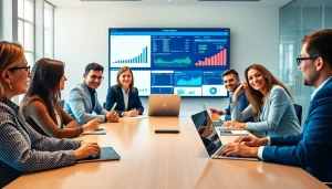 Analyze competitive intelligence in a professional business meeting with diverse participants and data visuals.