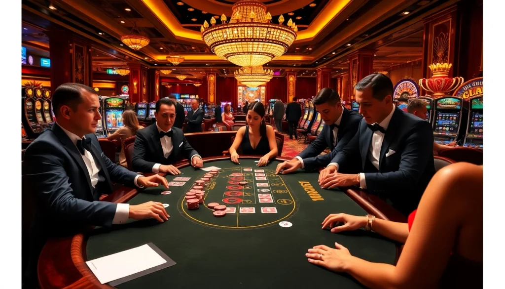 Experience the excitement of gambling at https://ok8386a.com/ with players engaged in a high-stakes poker game surrounded by luxury.