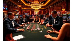 Experience the excitement of gambling at https://ok8386a.com/ with players engaged in a high-stakes poker game surrounded by luxury.