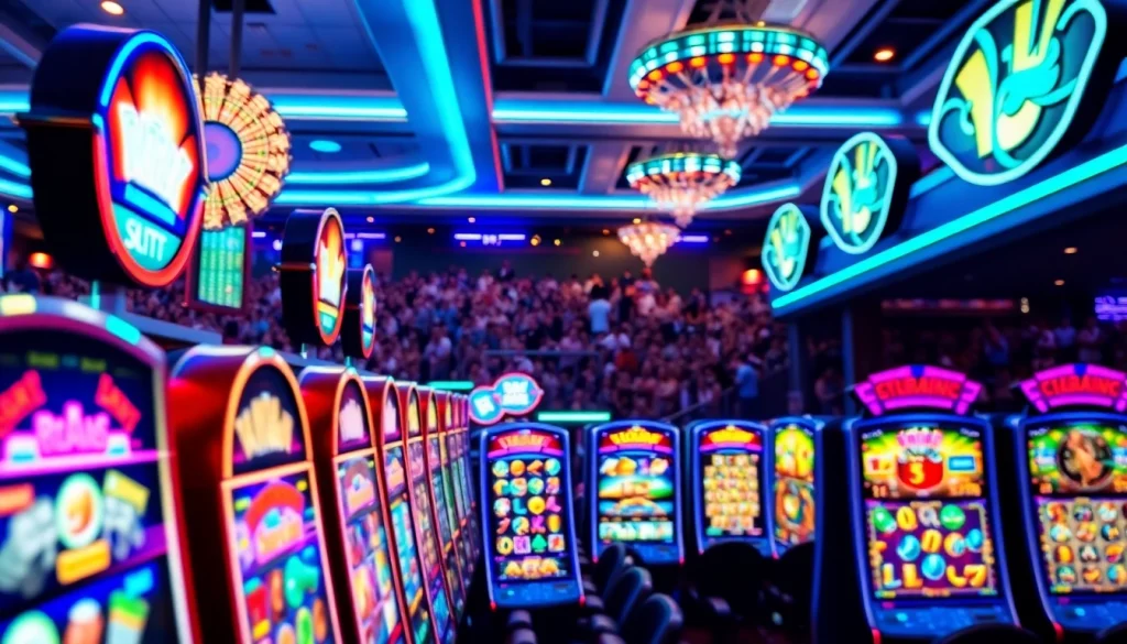 Menghadirkan slot mchezo di situs deposit 1000, pemandangan kasino yang berwarna-warni dan penuh energi.