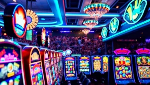 Menghadirkan slot mchezo di situs deposit 1000, pemandangan kasino yang berwarna-warni dan penuh energi.