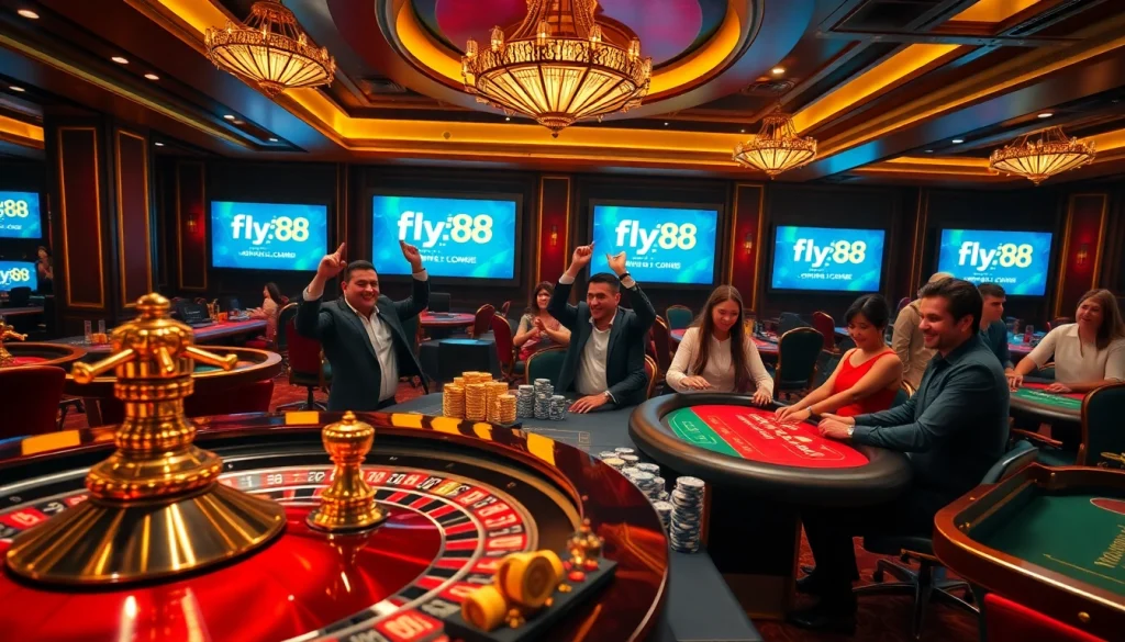 Experience thrilling online gambling at https://fly88.deal/ with luxury casino elements like poker tables and roulette wheels.