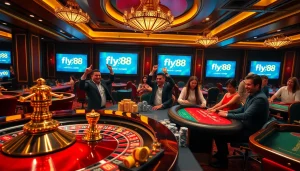 Experience thrilling online gambling at https://fly88.deal/ with luxury casino elements like poker tables and roulette wheels.