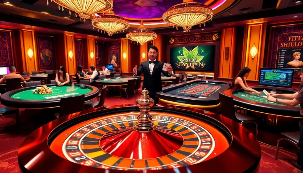 Exciting gameplay at nhà cái bin88 with luxury casino tables and vibrant roulette wheel.