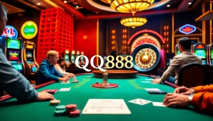 Players strategically placing their bets at a glamourous QQ88 poker table amid a lively casino atmosphere.