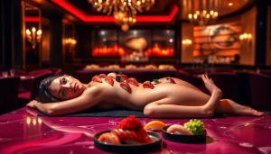 Body sushi elegantly presented on a model at Club Noir in St. Martin, showcasing a luxurious dining experience.