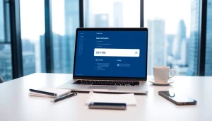 Online contact data verification software displayed in a modern office setting.