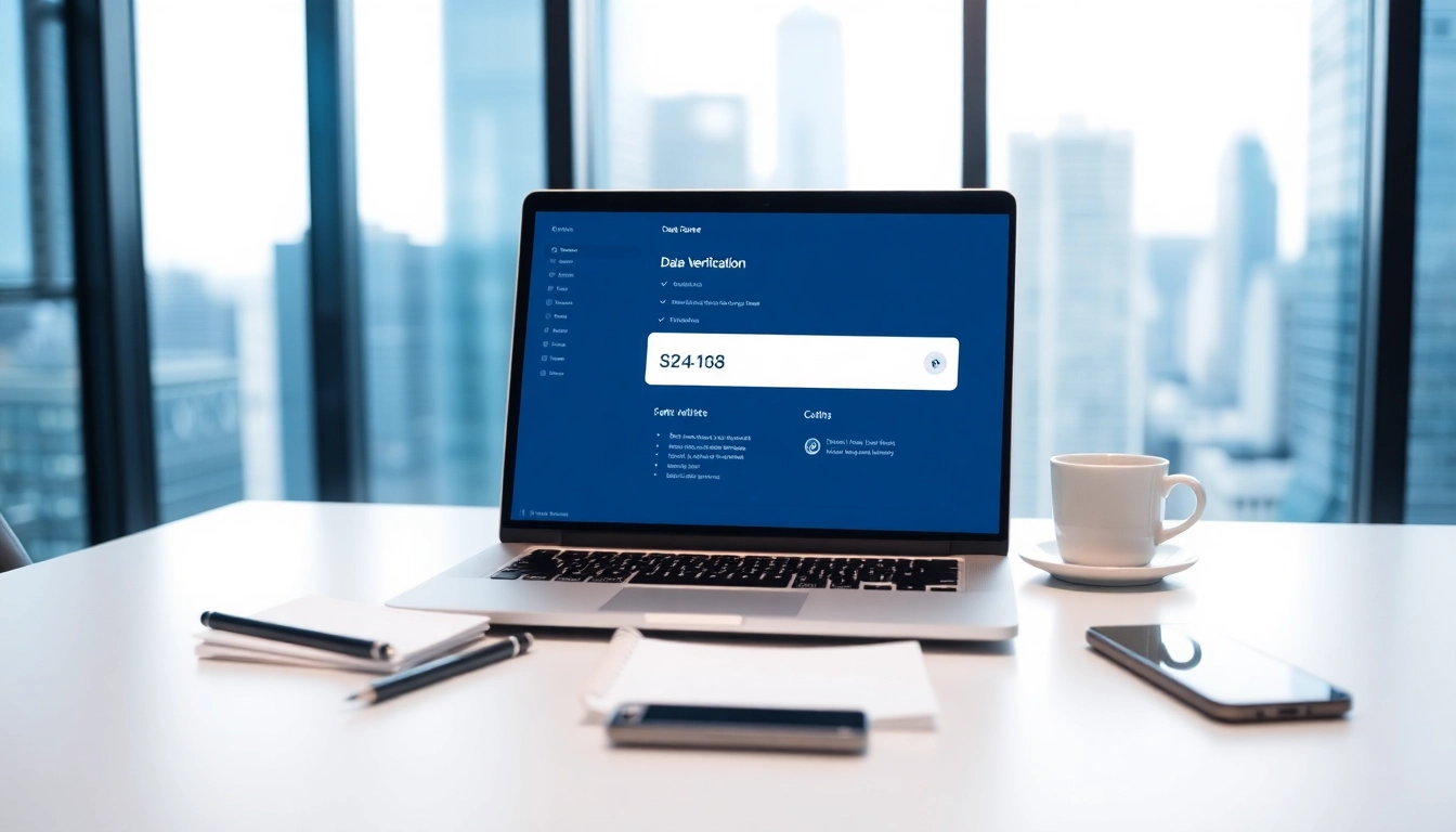 Online contact data verification software displayed in a modern office setting.