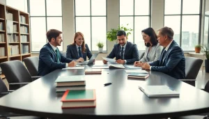 Attorneys from an environmental law firm collaborating on legal strategies in an eco-friendly office.