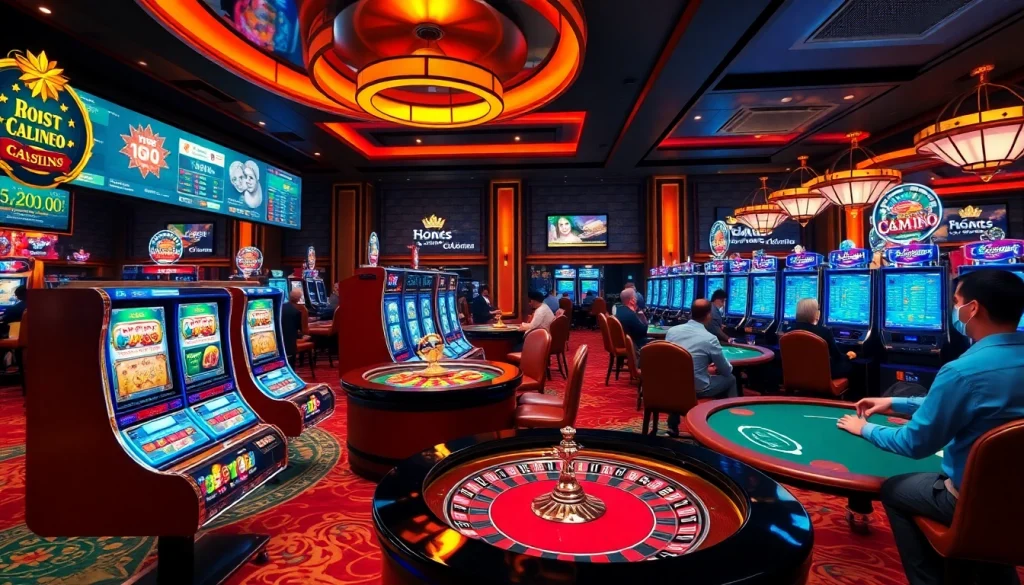 An exciting casino scene showcasing players at tables and slot machines reflecting the luxury of https://f168.today/.