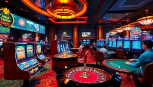 An exciting casino scene showcasing players at tables and slot machines reflecting the luxury of https://f168.today/.