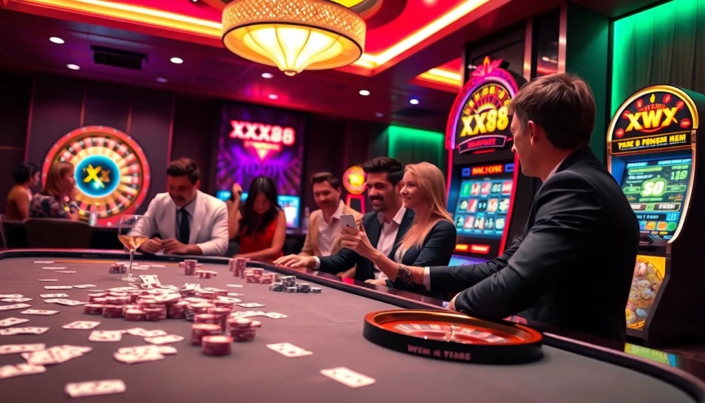 Experience the thrilling gameplay of XX88 with vibrant casino tables and engaging gamblers.