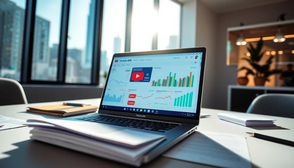 Explore innovative features of a youtube smm panel in a modern office setting filled with marketing analytics.
