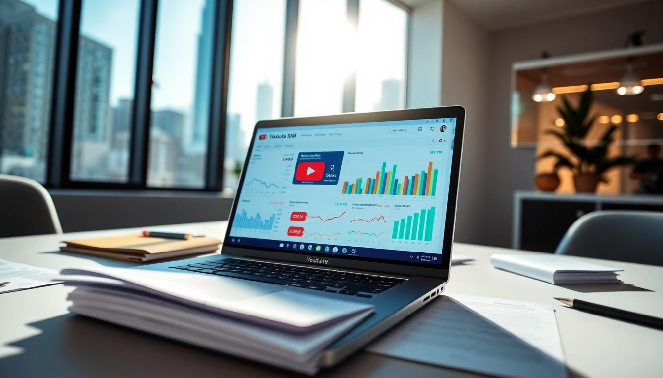 Explore innovative features of a youtube smm panel in a modern office setting filled with marketing analytics.