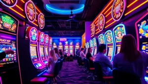 Engaging scene of players enjoying vibrant slot hoki gaming, showcasing excitement and thrill.