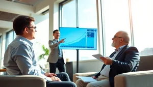 신용카드 현금화에 대한 상담을 받는 고객의 모습과 금융 차트를 보여줍니다.