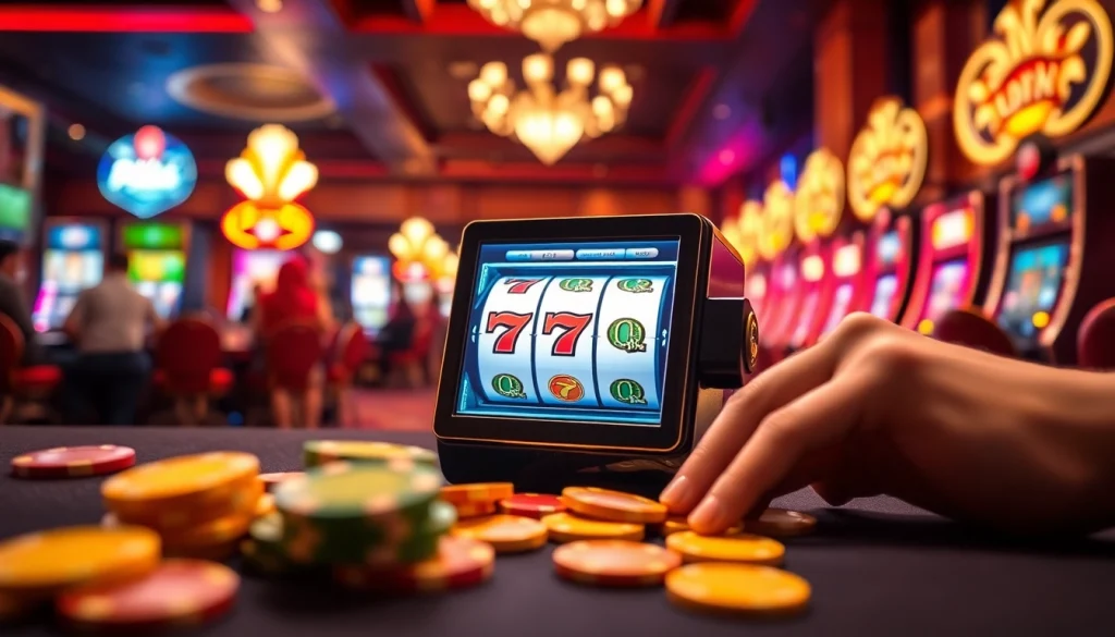 Slot pulsa game device with vibrant casino chips in an energetic setting.