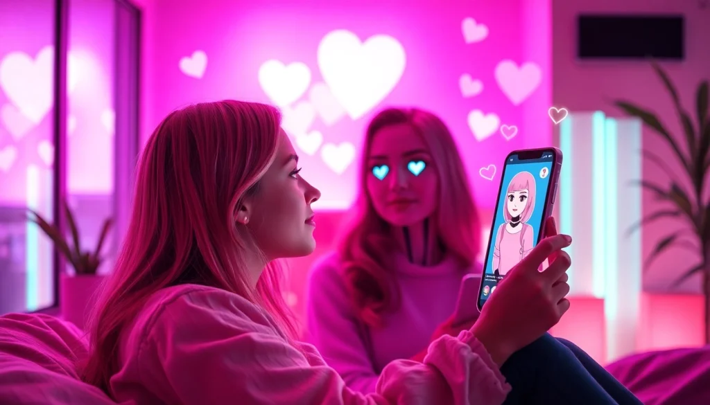 A user engages in ai sexting with a chat interface, creating a romantic digital ambiance.