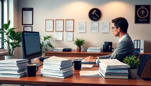 Professional setting with a translator focused on certified translations (soudní překlad) amid legal documents.