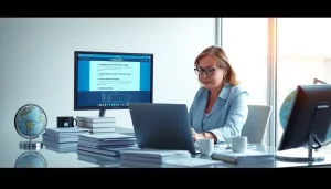 Traducteur assermenté en ligne professionnel travaillant à un bureau moderne avec des outils de traduction et des documents officiels.