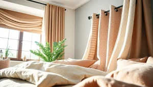 Gordijnstof in verschillende texturen en kleuren in een sfeervolle slaapkamer.