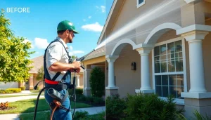 Soft wash expert applying biodegradable cleaning agents to a residential home in Kissimmee.