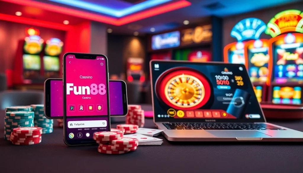 A vibrant poker table scene featuring Fun88 link interface on devices, evoking excitement in the casino atmosphere.