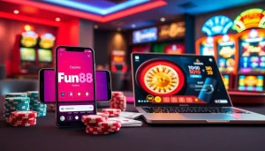 A vibrant poker table scene featuring Fun88 link interface on devices, evoking excitement in the casino atmosphere.