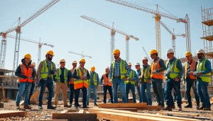 Supporting the southern california contractors association, diverse laborers collaborate at a busy construction site, showcasing teamwork.