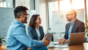 Engage in a business coaching service conversation showcasing collaboration and productivity.