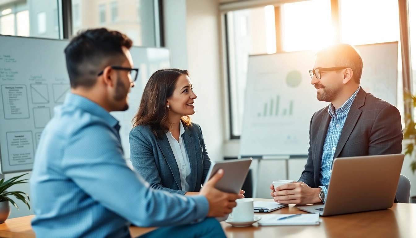 Engage in a business coaching service conversation showcasing collaboration and productivity.