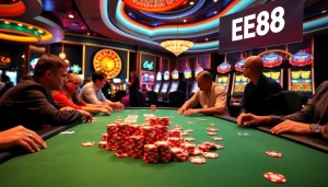 EE88 casino players engaging at a poker table in a vibrant atmosphere with chips and roulette wheel.