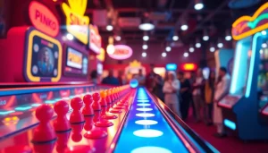 Permainan plinko yang menampilkan papan cerah dan bola jatuh di lingkungan arcade.