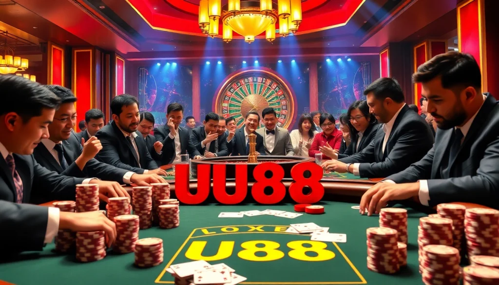 Engaged players at a UU88 poker table celebrating their winnings in a glamorous casino setting.
