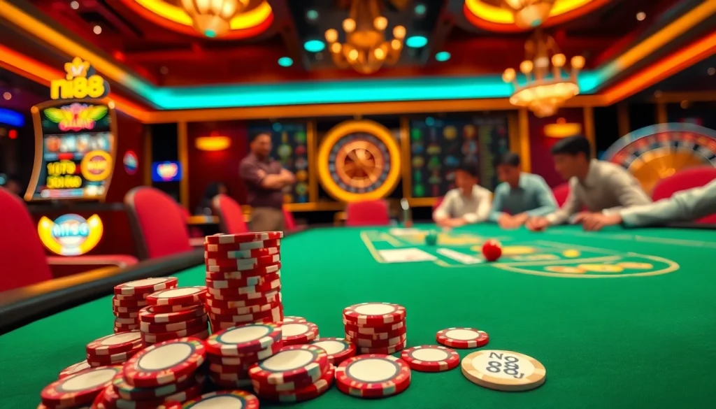 Experience thrilling poker action at nh88 casino with vibrant chips and cards in play.
