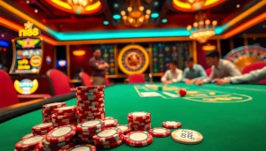 Experience thrilling poker action at nh88 casino with vibrant chips and cards in play.