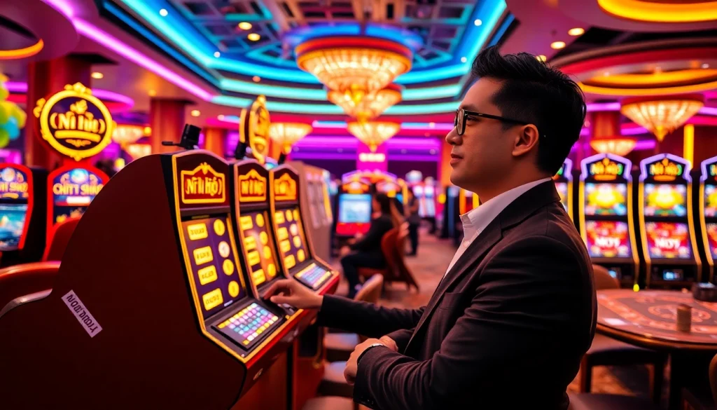 Exciting scene of a player engaging with the nổ hũ slot machine in a vibrant casino environment.