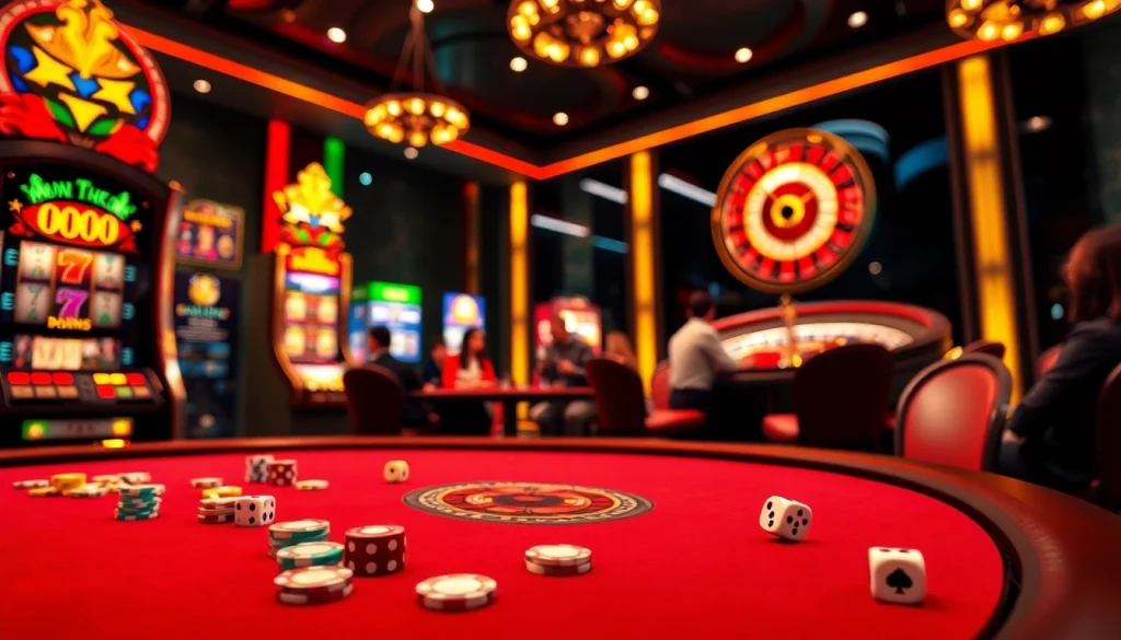 Babu88 casino scene featuring poker gameplay and vibrant slot machines.