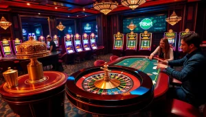 Experience the thrill of F8bet at a vibrant casino, showcasing roulette and poker games with excited players.