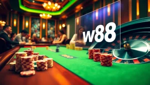 Trải nghiệm cảm giác hồi hộp khi chơi cờ bạc trực tuyến với liên kết truy cập W88 trong một môi trường casino đầy hứng khởi, có phỉnh poker và vòng quay roulette.