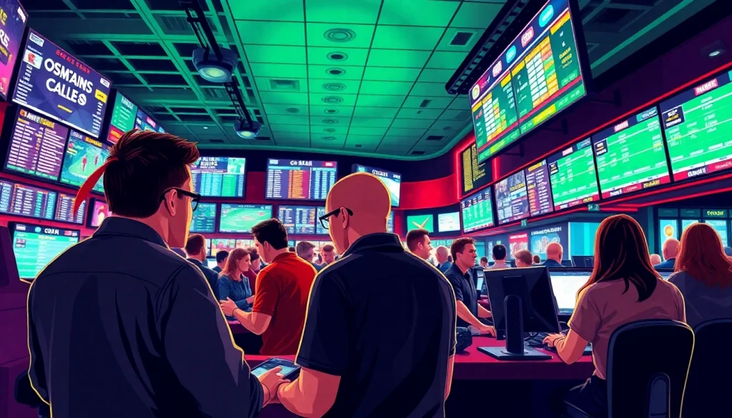 Engaging sportsbook scene showcasing sports betting sites Oklahoma with diverse bettors and digital odds.