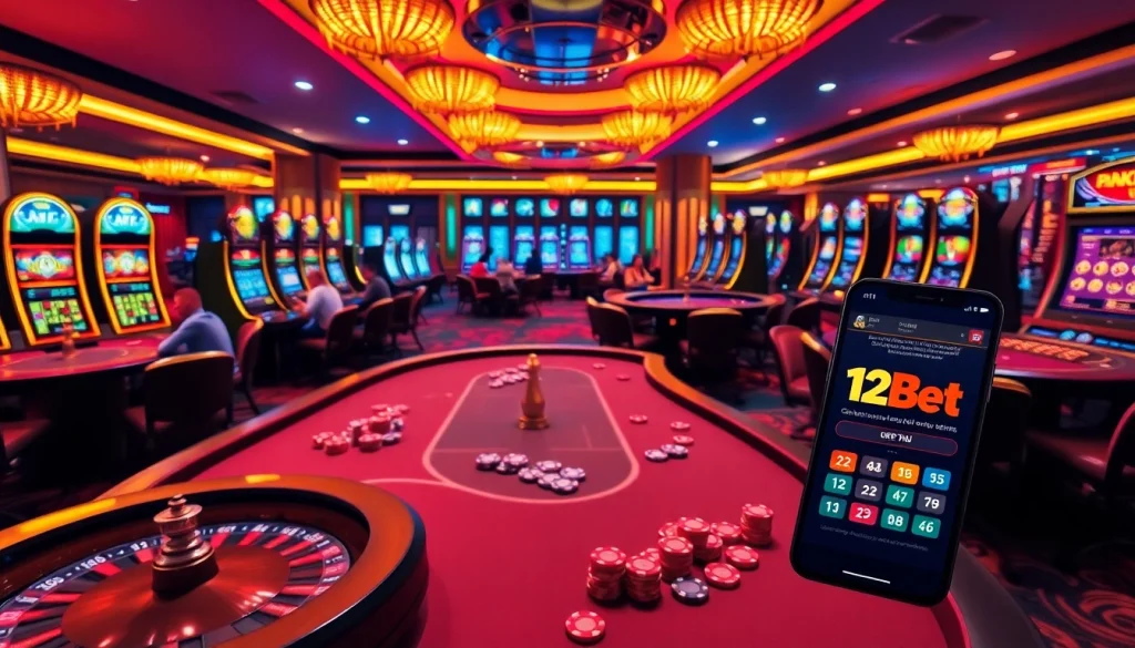 Engage with ink vao 12bet in a vibrant digital casino atmosphere showcasing poker and roulette.