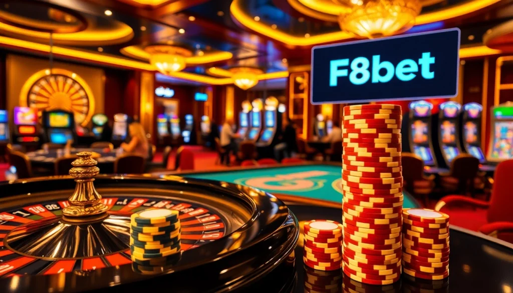 Experience the excitement of Link F8bet with vibrant casino tables, chips, and slot machines.